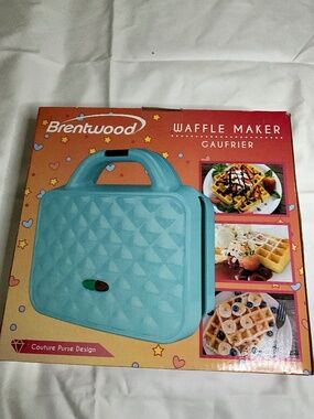 This is a Brentwood TS-239BL Couture Purse Non-Stick Dual Waffle Maker in blue.